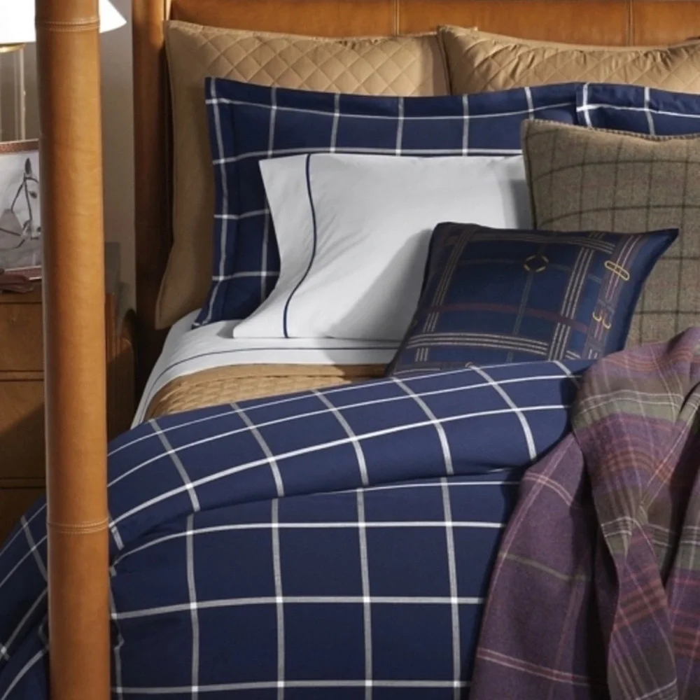 Ralph Lauren King Modern Equestrian Navy/Cream Windowpane Cotton Cashmere Duvet